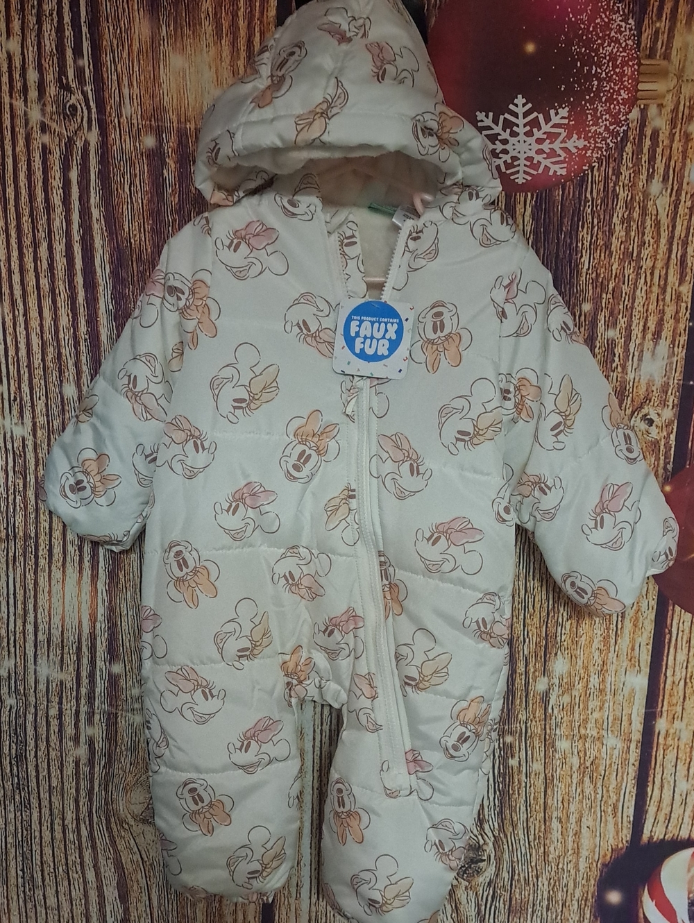 Nwt Disney Size 12 -18 MonthCream Hooded Snowsuit Minnie Mouse Pink & Tan Prints